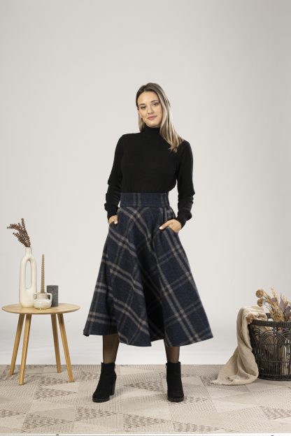 Navy Check Wool Midi Skirt - Image 6