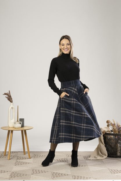 Navy Check Wool Midi Skirt - Image 5