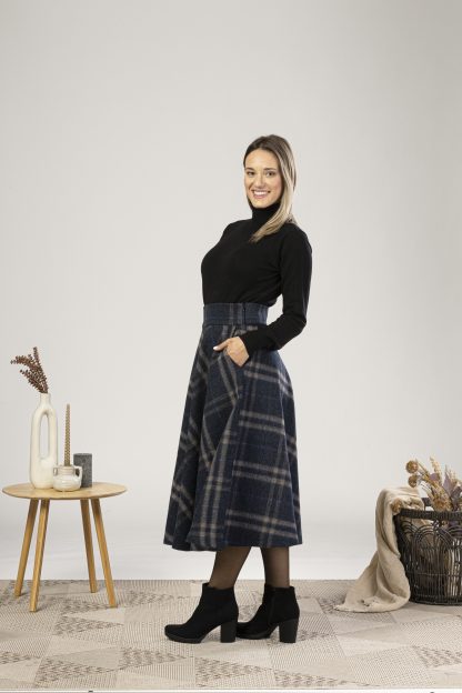 Navy Check Wool Midi Skirt - Image 4