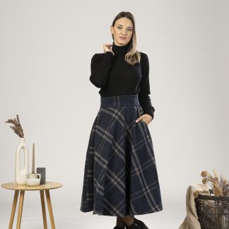 Navy Check Wool Midi Skirt