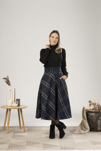 Navy Check Wool Midi Skirt