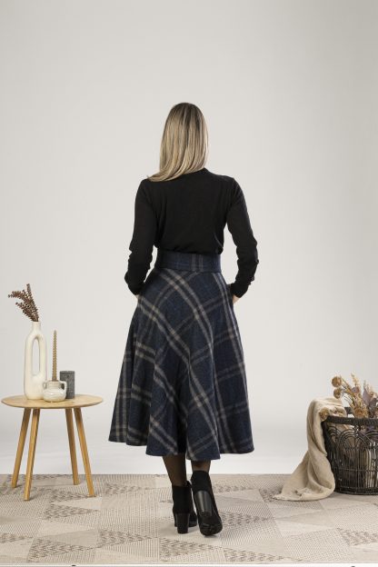 Navy Check Wool Midi Skirt - Image 2