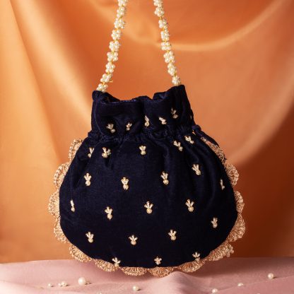 Navy Velvet Pearl Handle Potli Bag - Image 3