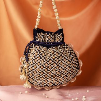 Navy Velvet Pearl Handle Potli Bag