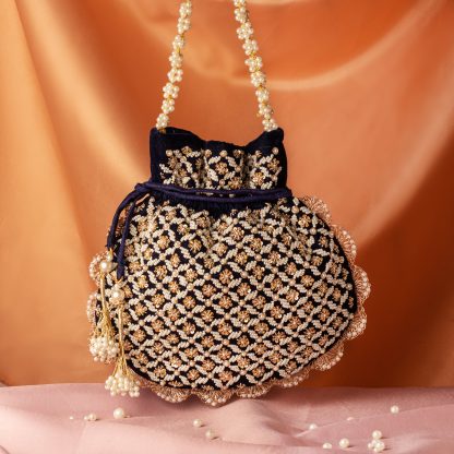 Navy Velvet Pearl Handle Potli Bag