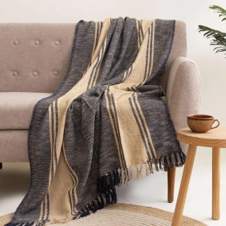 Navy and Sand Cabana Stripe Fringed Throw Blanket