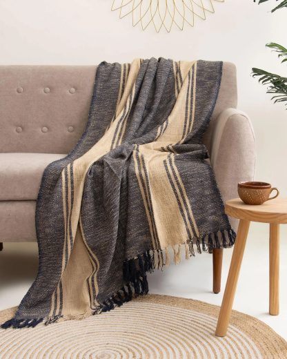 Navy and Sand Cabana Stripe Fringed Throw Blanket