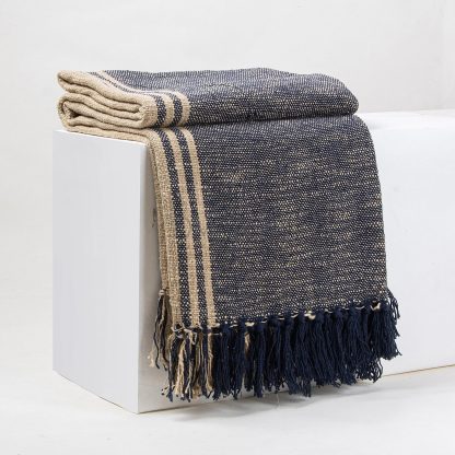 Navy and Sand Cabana Stripe Fringed Throw Blanket - Image 4