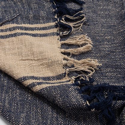 Navy and Sand Cabana Stripe Fringed Throw Blanket - Image 2