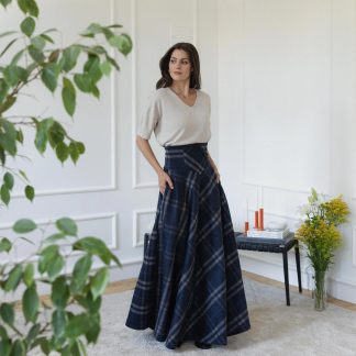 Navy blue plaid high waist maxi skirt