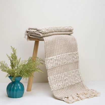 Oatmeal Popcorn Stripe Fringed Throw Blanket