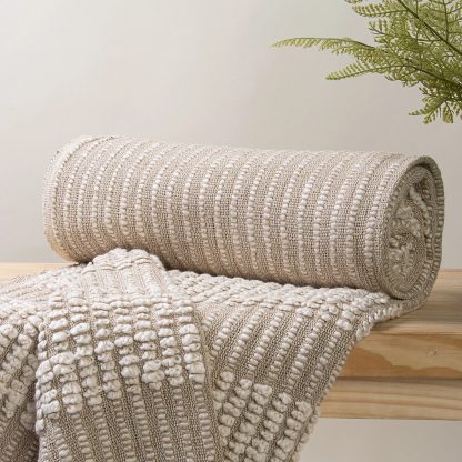 Oatmeal Popcorn Stripe Fringed Throw Blanket - Image 3