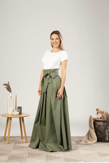 Olive Green Bow High Waist Maxi Skirt