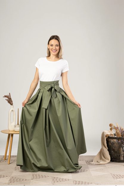 Olive Green Bow High Waist Maxi Skirt - Image 2