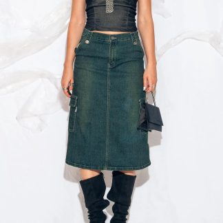 Olive Green Denim Workwear Midi Skirt