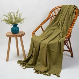 Olive Green Fringed Woven Throw Blanket