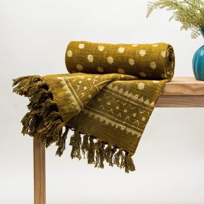Olive Green Polka Dot Tassel Woven Throw Blanket - Image 2