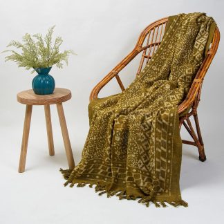 Olive Green Printed Fringed Woven Throw Blanket