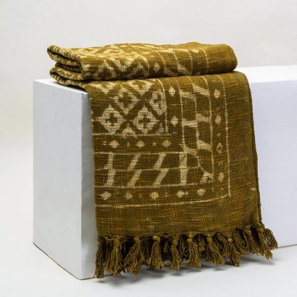 Olive Green Printed Fringed Woven Throw Blanket - Image 2