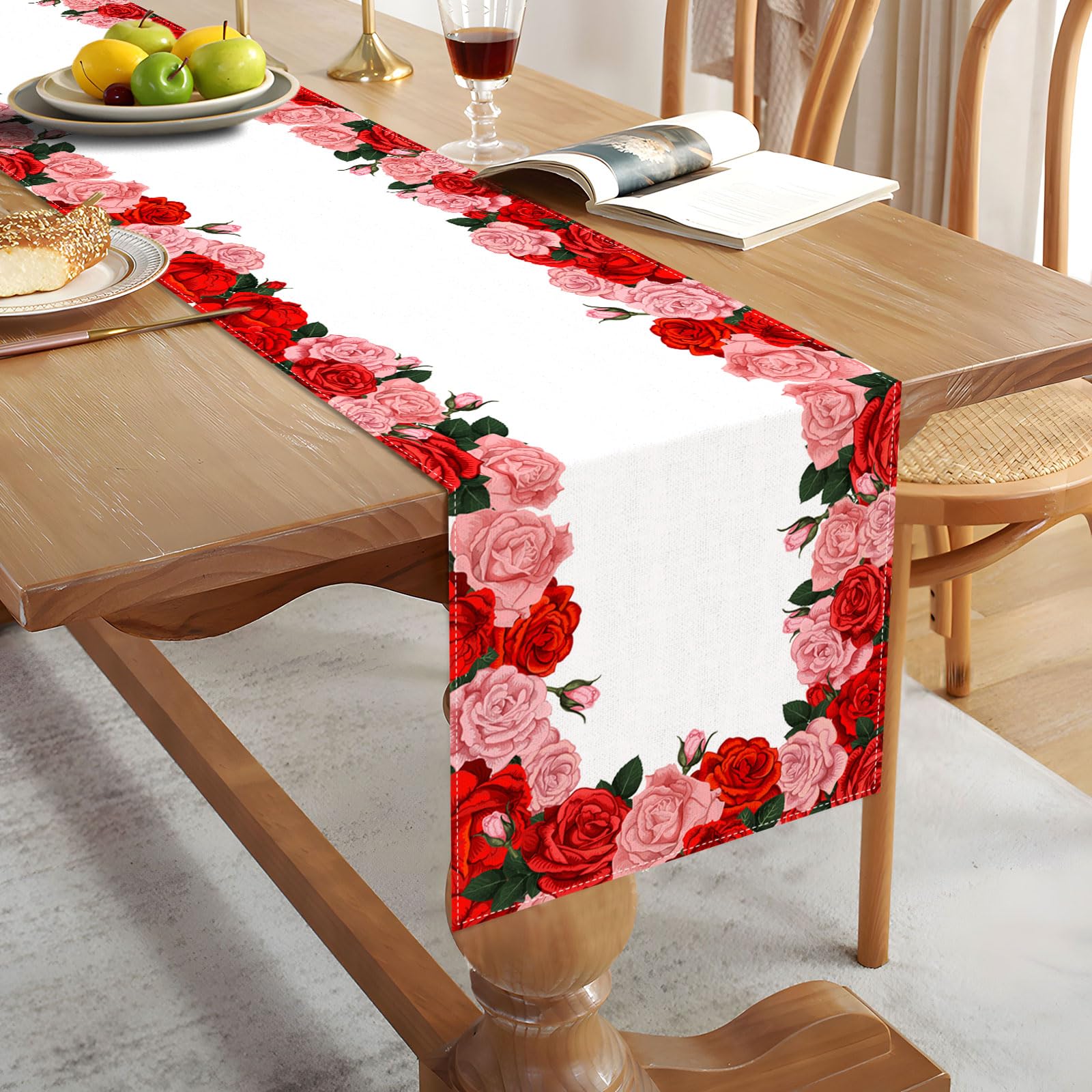 Pink rose border table runner