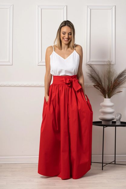 Red bow high waist long skirt