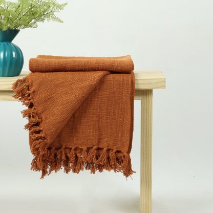 Rust Orange Fringed Woven Throw Blanket - Image 4