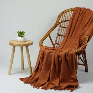 Rust Orange Fringed Woven Throw Blanket