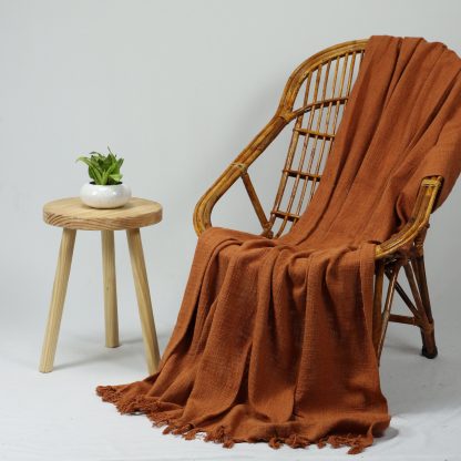 Rust Orange Fringed Woven Throw Blanket