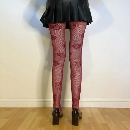 Burgundy heart-shaped mesh tights - Image 8