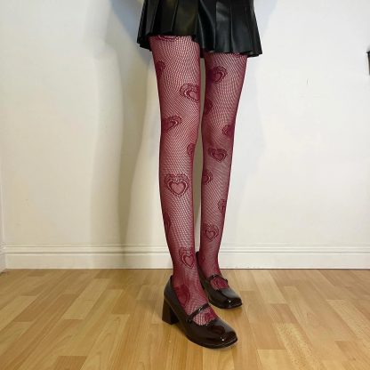 Burgundy heart-shaped mesh tights - Image 5