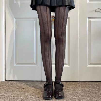 Retro brown vertical striped mesh tights - Image 10