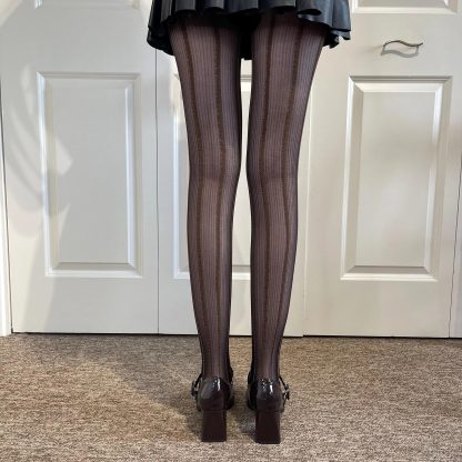 Retro brown vertical striped mesh tights - Image 4