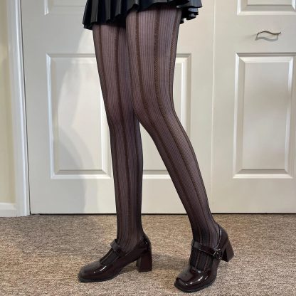 Retro brown vertical striped mesh tights - Image 3