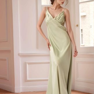 Sage satin pleated V-neck maxi dress
