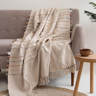 Sand Pom-Pom Trim Striped Fringed Throw Blanket