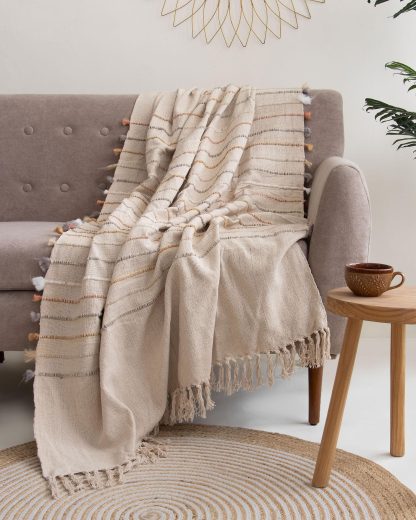 Sand Pom-Pom Trim Striped Fringed Throw Blanket