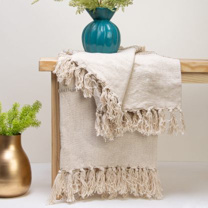 Sand Pom-Pom Trim Striped Fringed Throw Blanket - Image 4