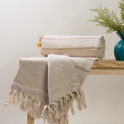 Sand Pom-Pom Trim Striped Fringed Throw Blanket - Image 3