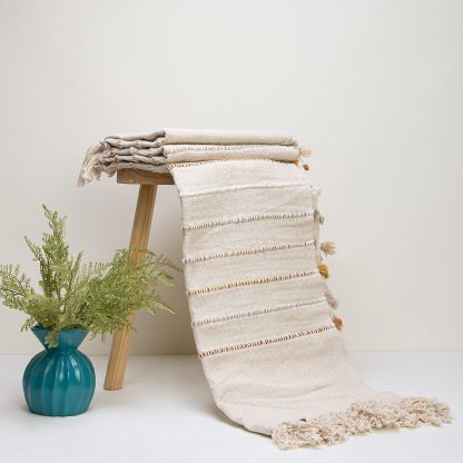 Sand Pom-Pom Trim Striped Fringed Throw Blanket - Image 2