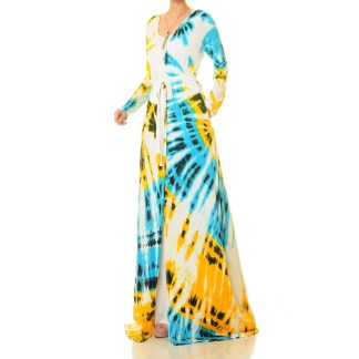 Sea Breeze Sunlight Blue and Yellow Lace-up Maxi Dress