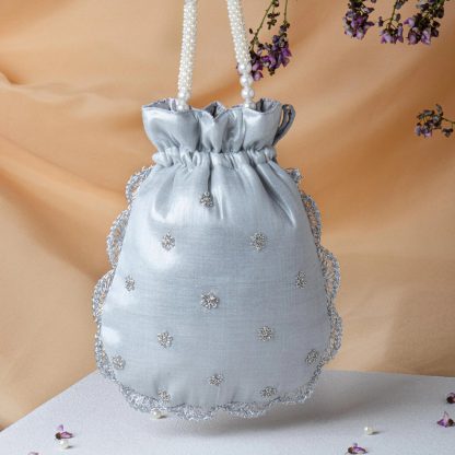 Silver and Blue Scalloped Potli Bag - Image 4