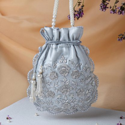 Silver and Blue Scalloped Potli Bag