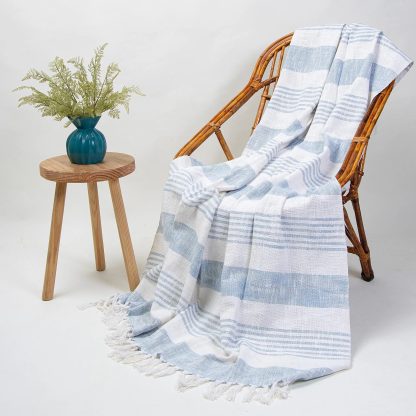 Sky blue coastal striped fringed woven throw blanket - Image 5