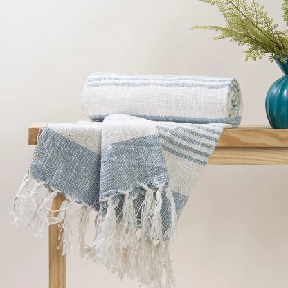 Sky blue coastal striped fringed woven throw blanket - Image 4