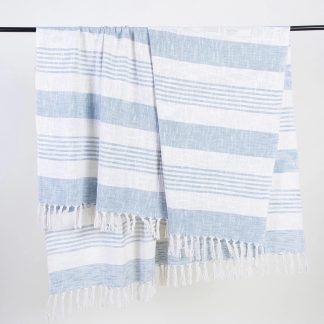 Sky blue coastal striped fringed woven throw blanket