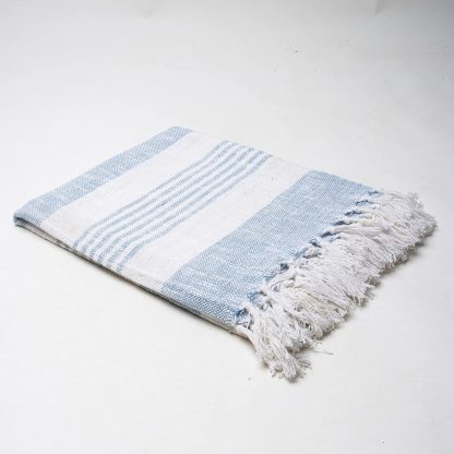 Sky blue coastal striped fringed woven throw blanket - Image 6