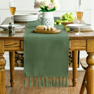 Solid forest green tassel table runner