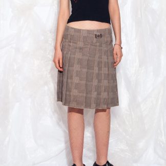 Taupe Patchwork Pleated A-Line Skirt