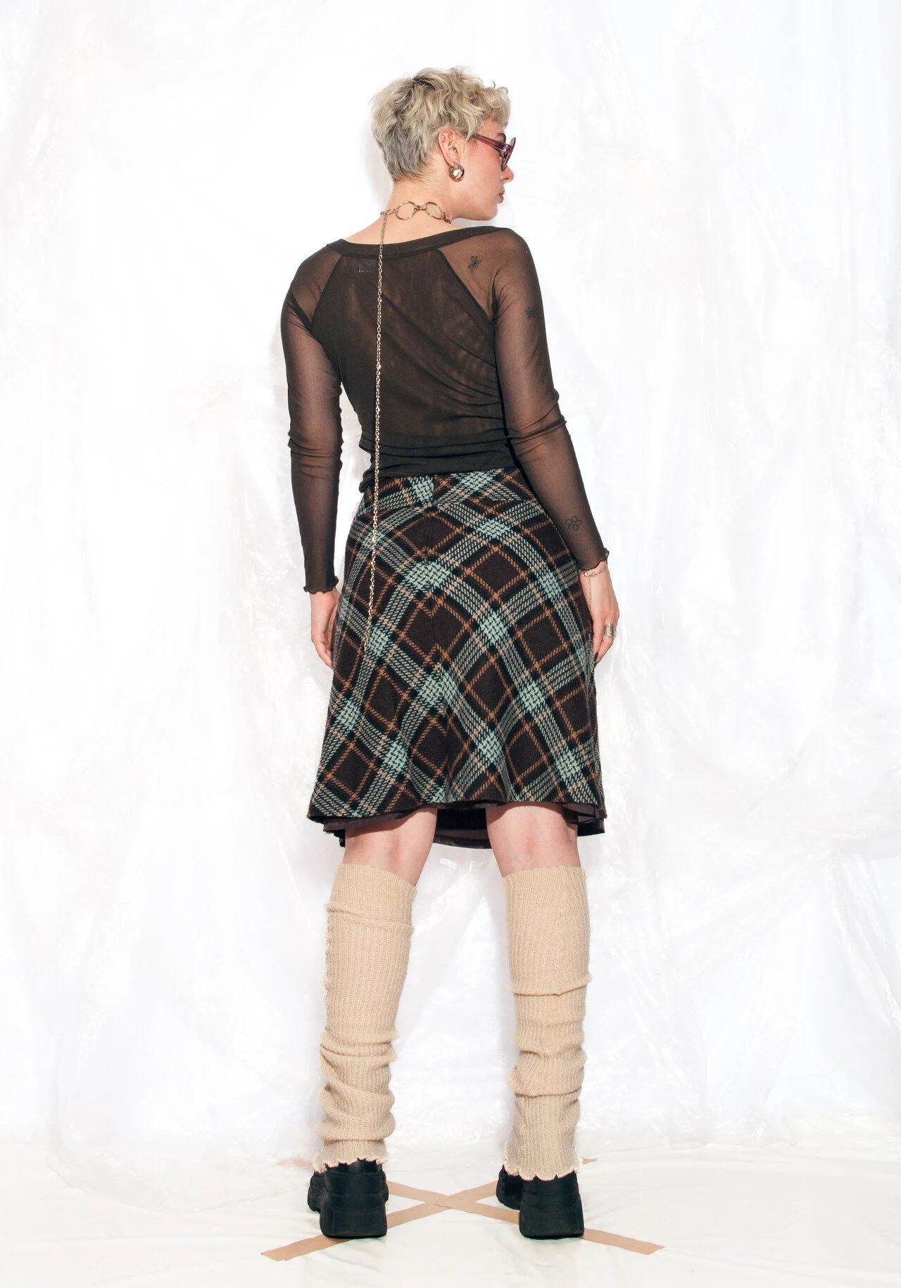 Teal and Brown Diagonal Plaid A-Line Skirt - Image 6