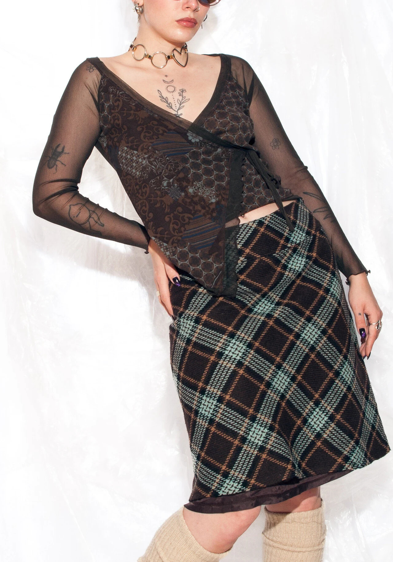 Teal and Brown Diagonal Plaid A-Line Skirt - Image 5